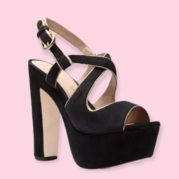 Black & Metallic Gold Velvet Suede Retro Platform Strappy Block Heels Size 6 - Picture 1 of 10